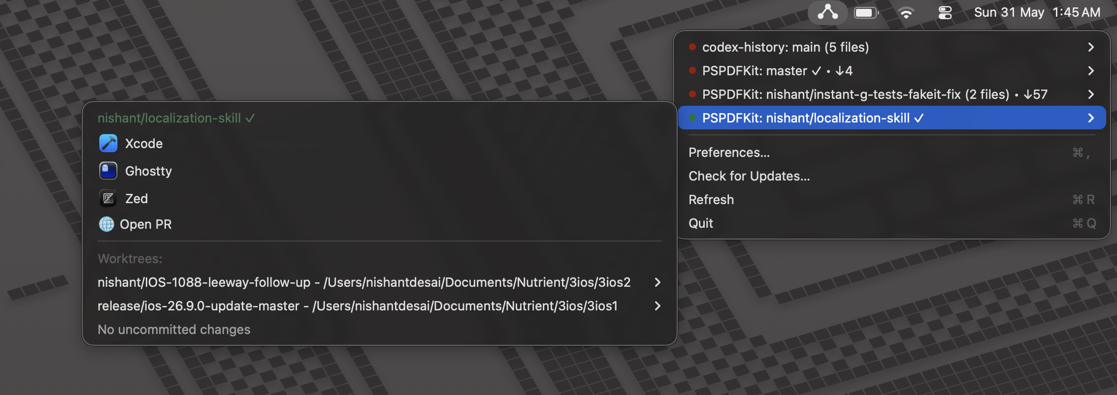 Branch Buddy menu showing repositories, quick launch apps, worktrees, and uncommitted files.