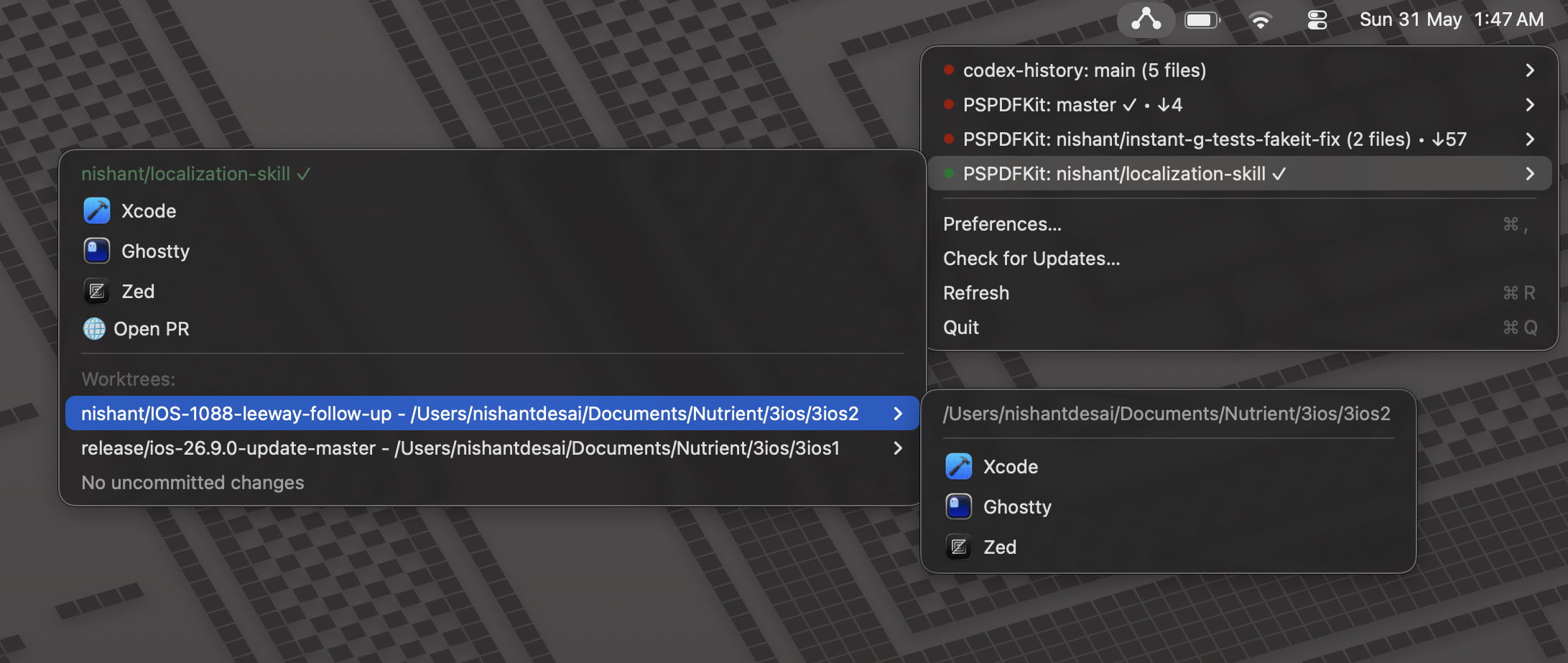 Branch Buddy menu open from the macOS menu bar, showing repository status, a selected worktree, and configured launch applications.